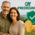 Couple serein devant logo Predissime 9, symbole de sécurité et croissance de l’épargne