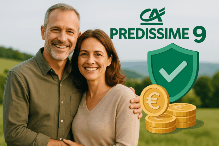 Couple serein devant logo Predissime 9, symbole de sécurité et croissance de l’épargne
