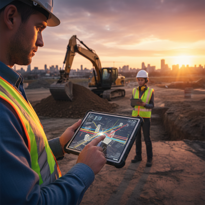 Ingénieur sur chantier réalisant un relevé numérique pour le futur plan de récolement