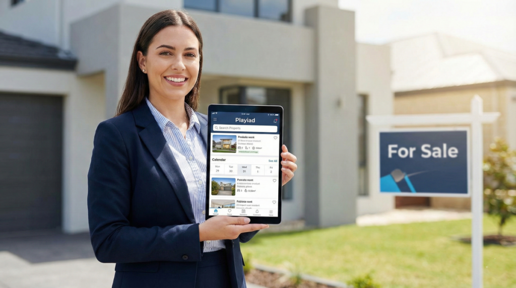 Agente immobilière utilisant l'application Playiad, l'extension mobile de l'environnement Iadintranet, sur tablette devant une maison à vendre.