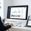 Interface du portail Iadintranet sur un ordinateur de bureau et une tablette montrant un tableau de bord de gestion immobilière.