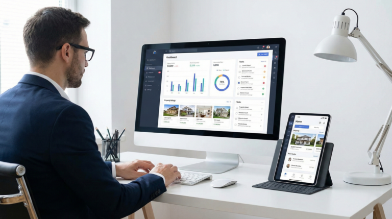 Interface du portail Iadintranet sur un ordinateur de bureau et une tablette montrant un tableau de bord de gestion immobilière.